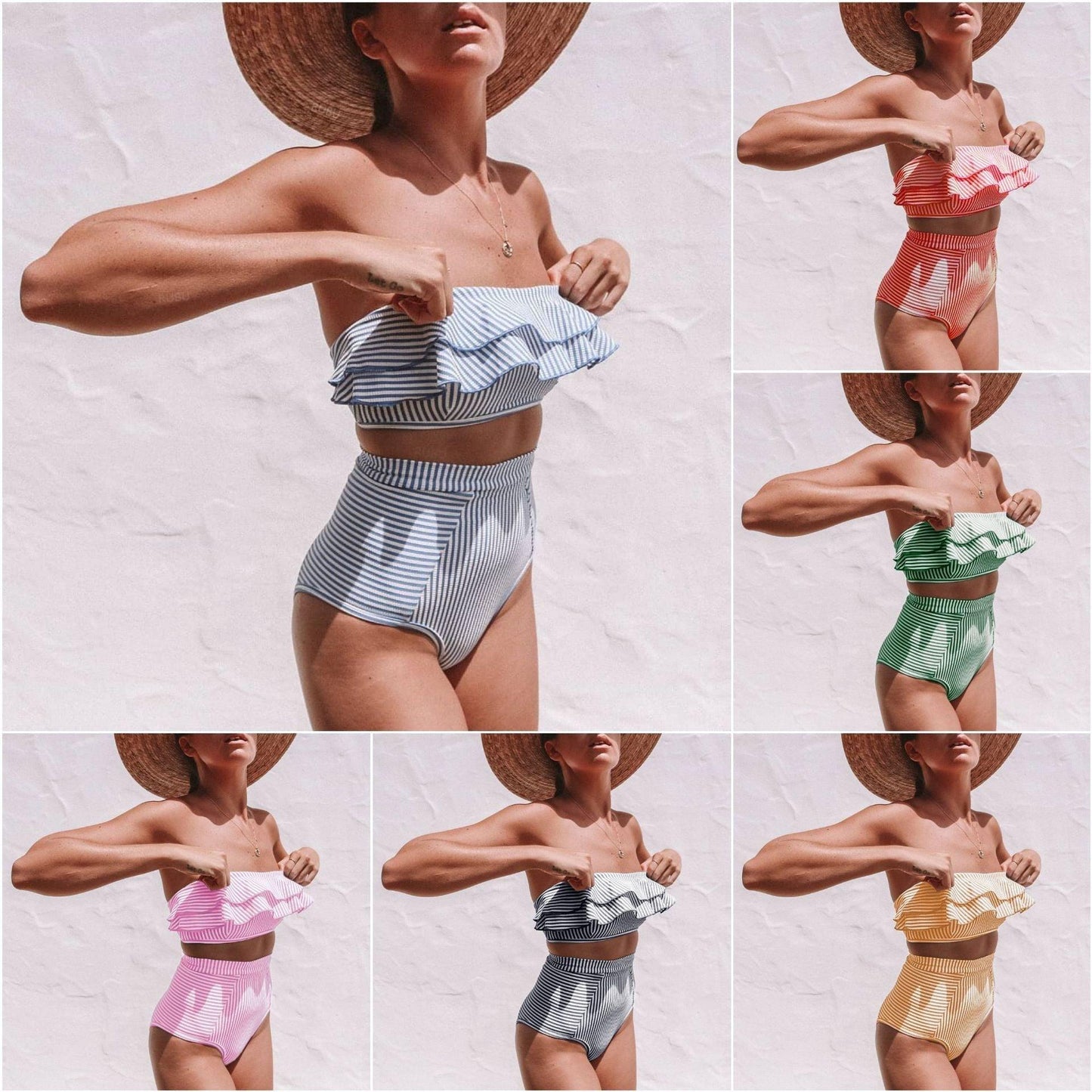 Seersucker Ruffle Bandeau High Waist Bikini