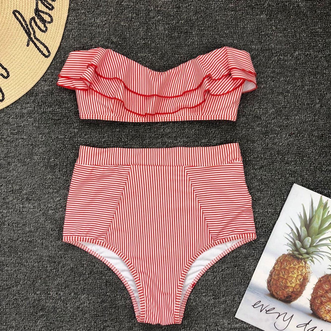 Seersucker Ruffle Bandeau High Waist Bikini