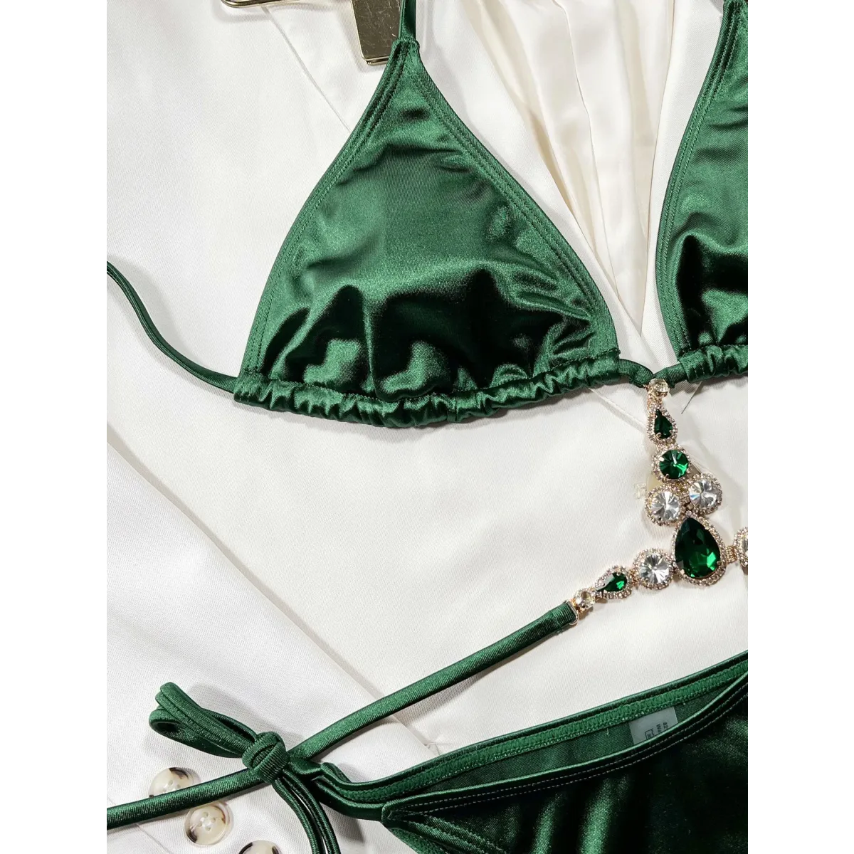 Satin Rhinestone Halter Bikini Set