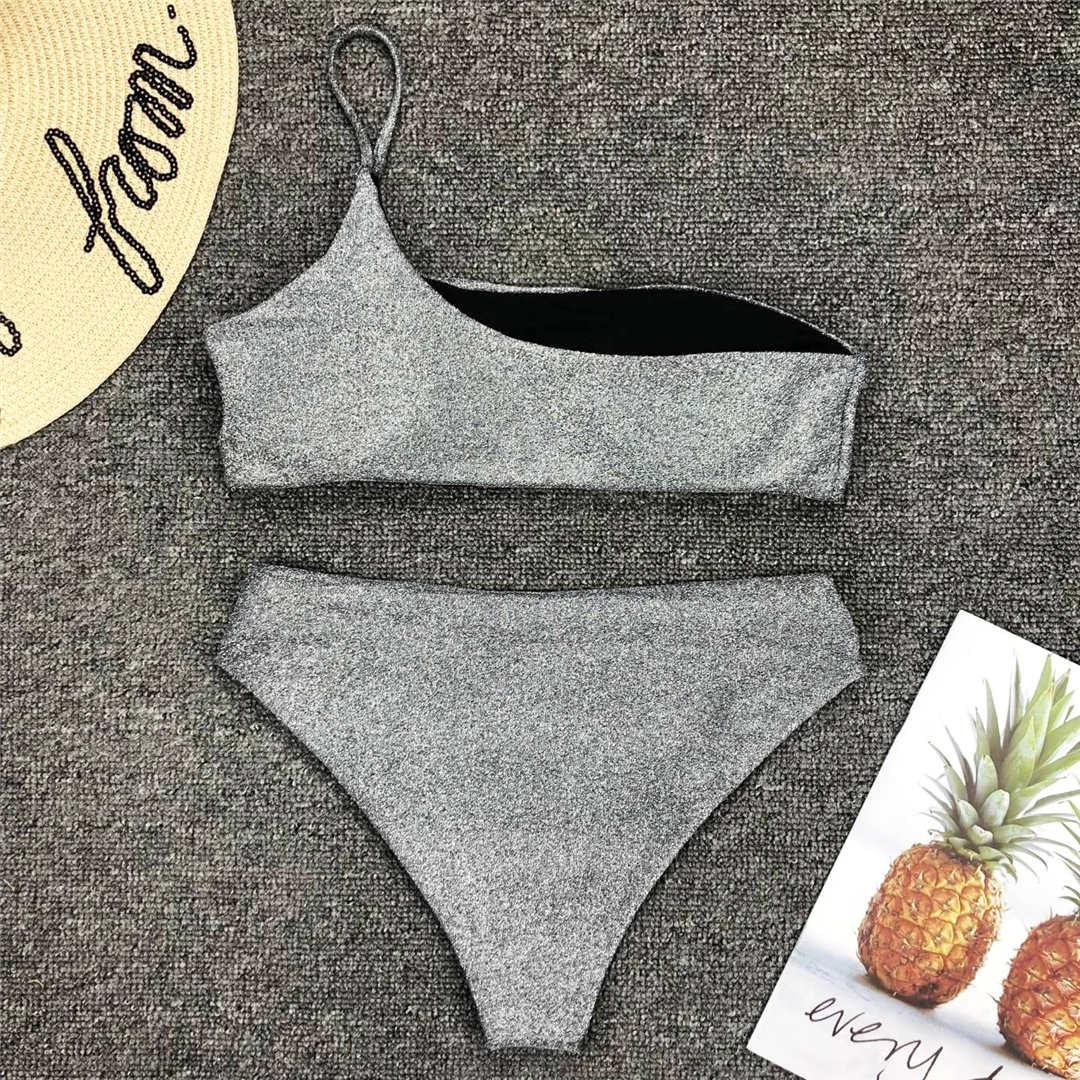 Shiny Glitter One-Shoulder Bikini Set