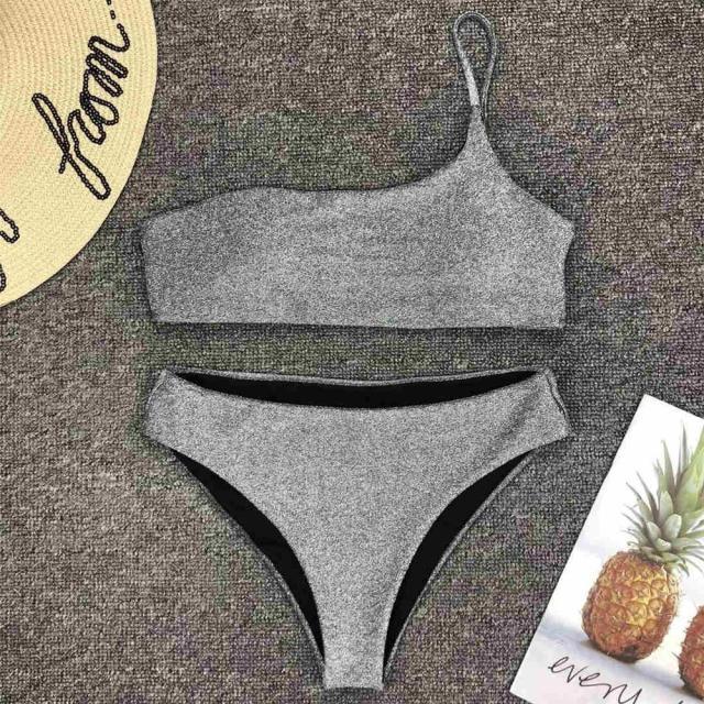 Shiny Glitter One-Shoulder Bikini Set