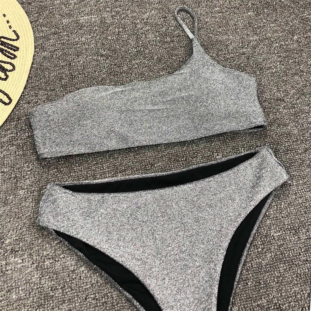 Shiny Glitter One-Shoulder Bikini Set