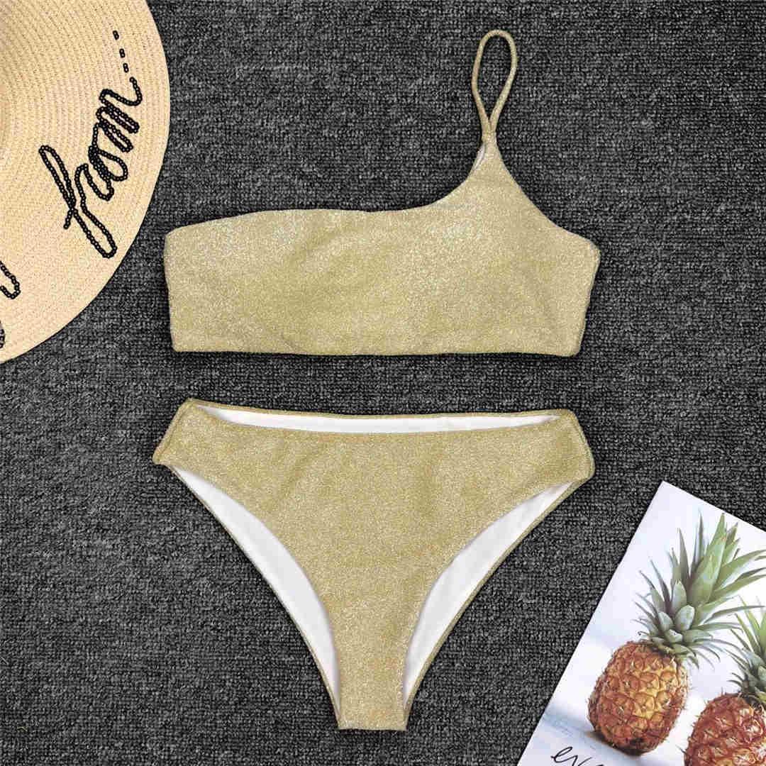 Shiny Glitter One-Shoulder Bikini Set