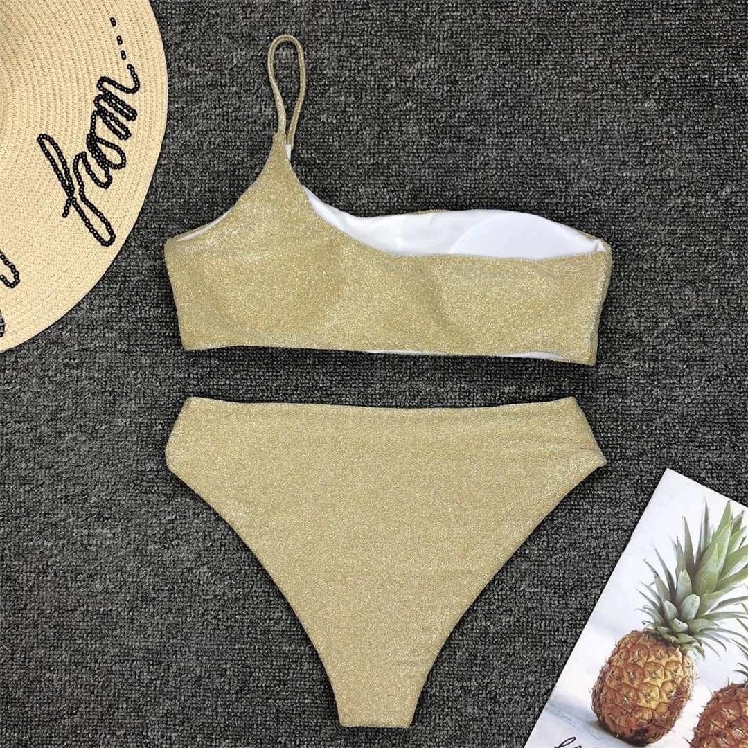 Shiny Glitter One-Shoulder Bikini Set