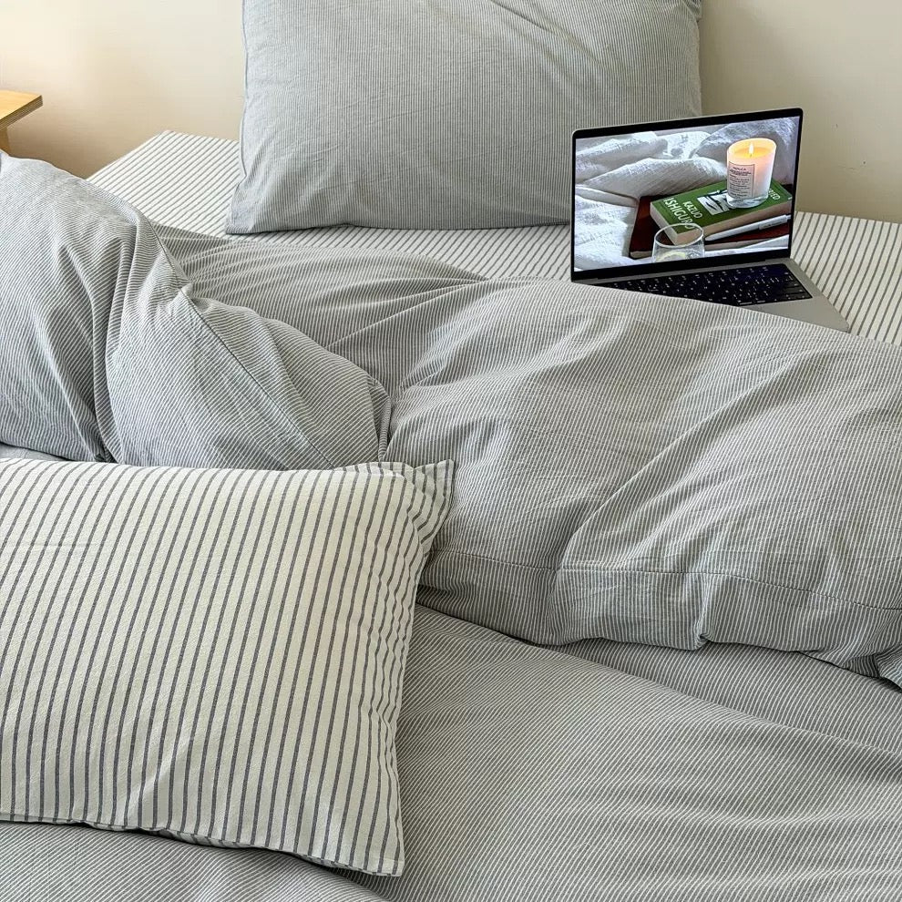 Light Gray Striped Cotton Duvet Cover Set