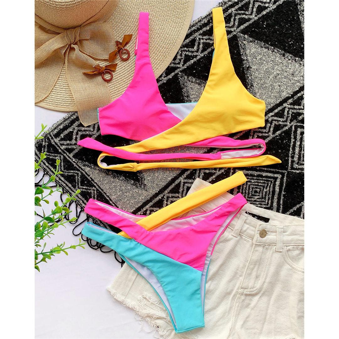 Neon Colorblock Wrap Bikini Set