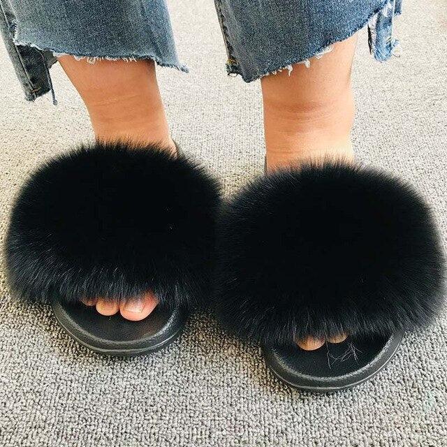 Rainbow Faux Fur Fluffy Slides