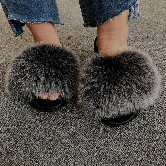 Rainbow Faux Fur Fluffy Slides
