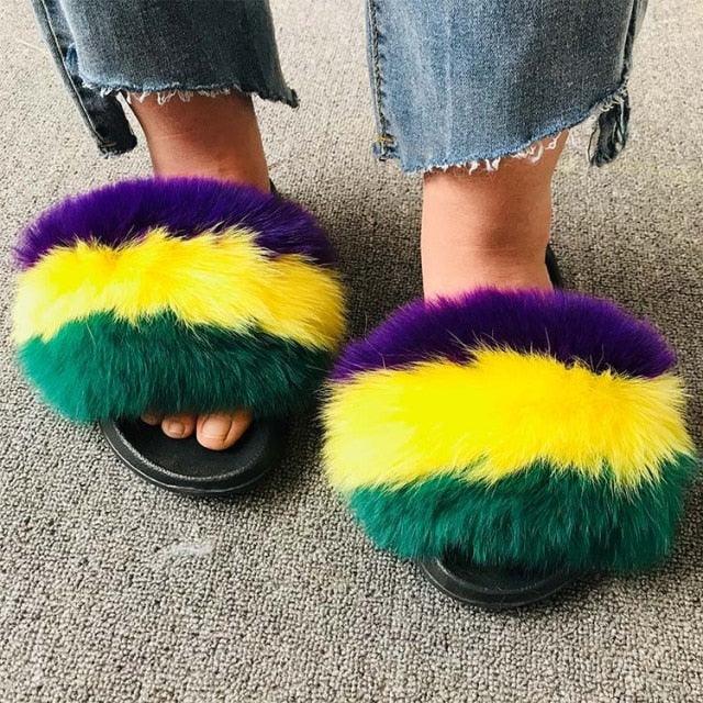 Rainbow Faux Fur Fluffy Slides