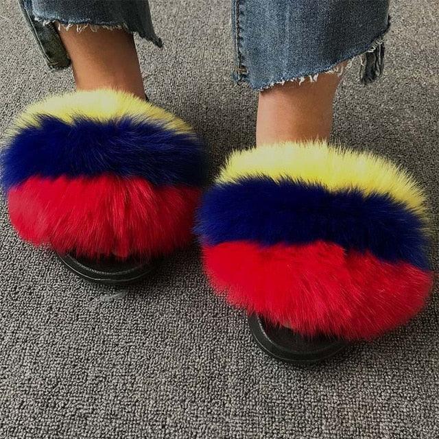 Rainbow Faux Fur Fluffy Slides
