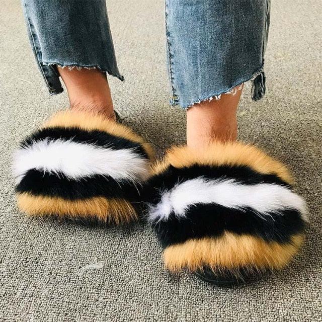 Rainbow Faux Fur Fluffy Slides
