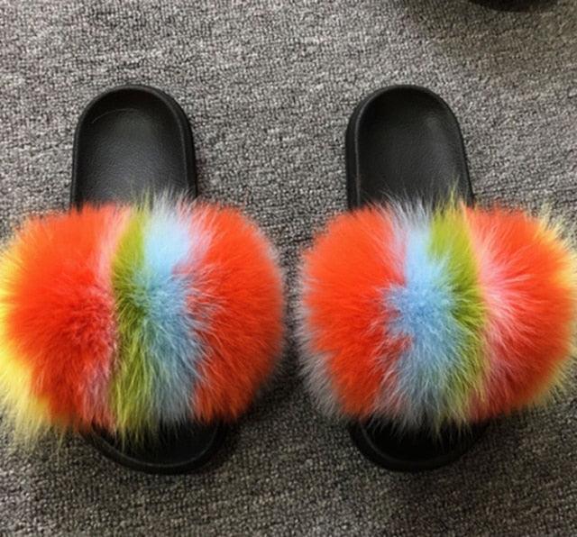Rainbow Faux Fur Fluffy Slides