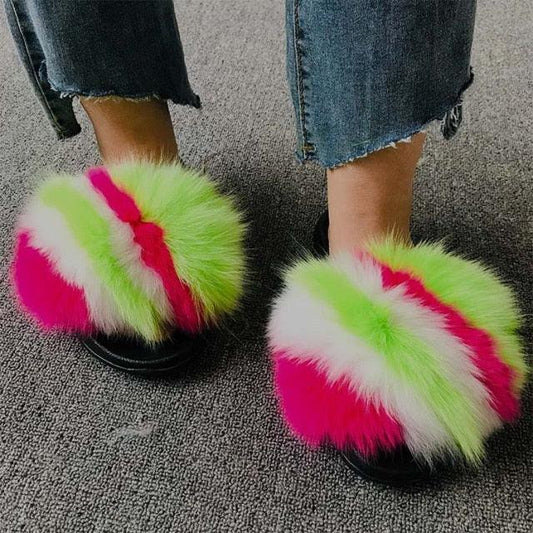 Rainbow Faux Fur Fluffy Slides