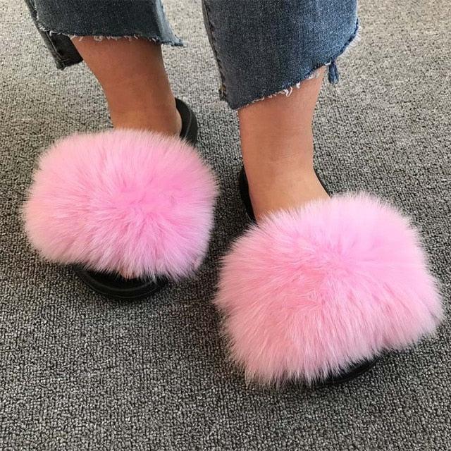 Rainbow Faux Fur Fluffy Slides