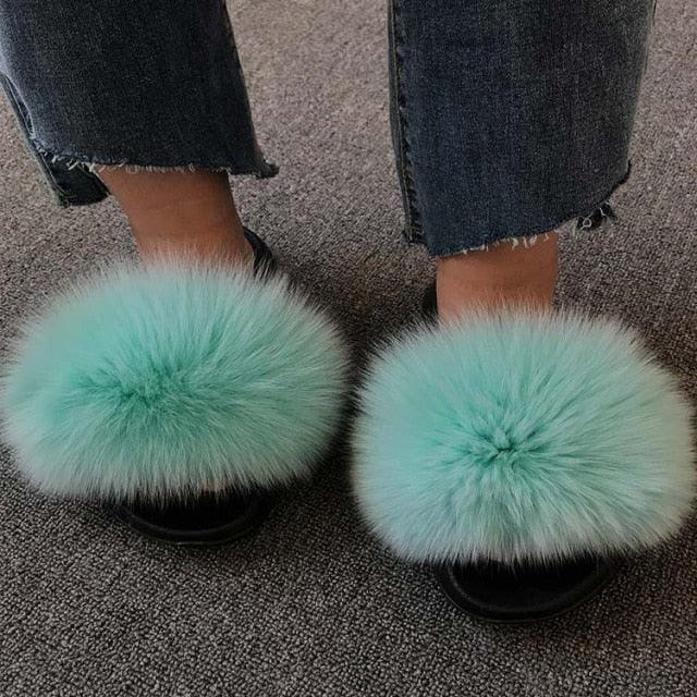 Rainbow Faux Fur Fluffy Slides