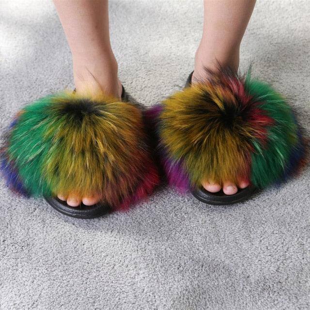 Rainbow Faux Fur Fluffy Slides