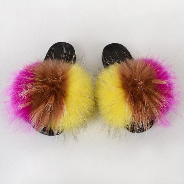 Multicolor Faux Fur Band Slides