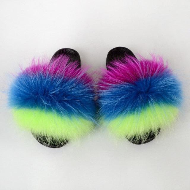 Multicolor Faux Fur Band Slides