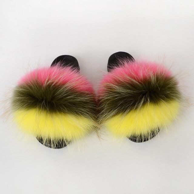 Multicolor Faux Fur Band Slides