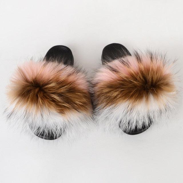 Multicolor Faux Fur Band Slides