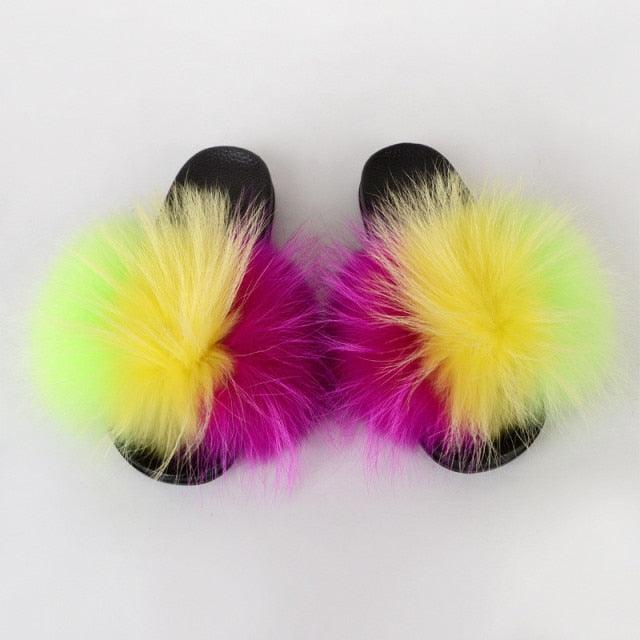 Multicolor Faux Fur Band Slides