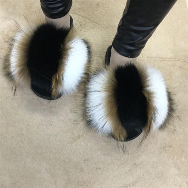 Multicolor Faux Fur Band Slides