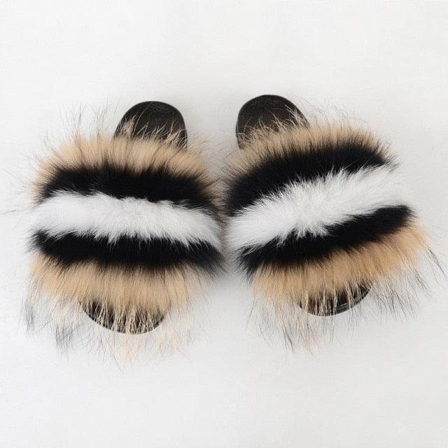 Multicolor Faux Fur Band Slides
