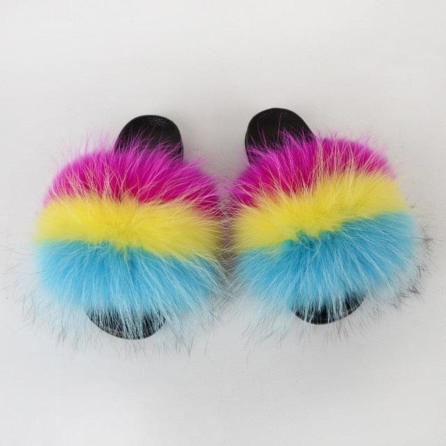 Multicolor Faux Fur Band Slides