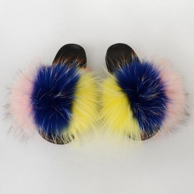 Multicolor Faux Fur Band Slides