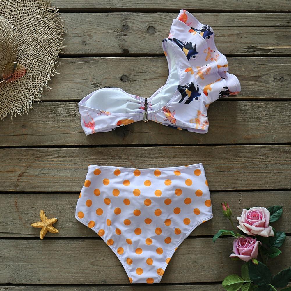 Ruffle Shoulder Floral High Waist Bikini