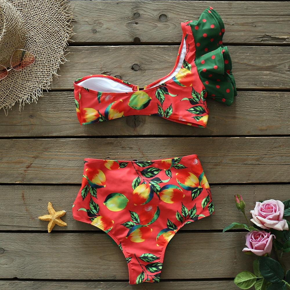 Ruffle Shoulder Floral High Waist Bikini