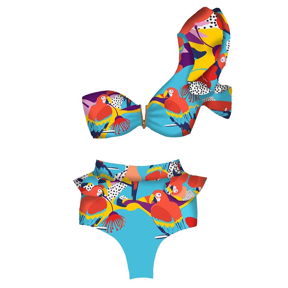 Ruffle Shoulder Floral High Waist Bikini