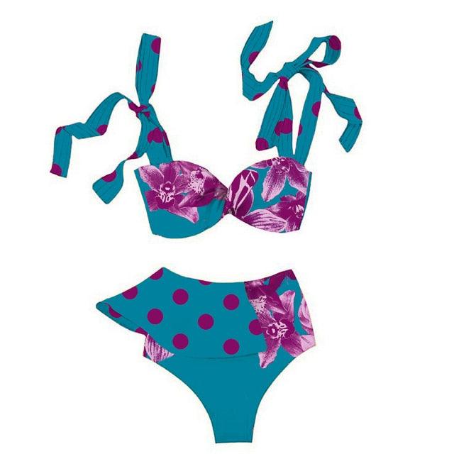 Ruffle Shoulder Floral High Waist Bikini