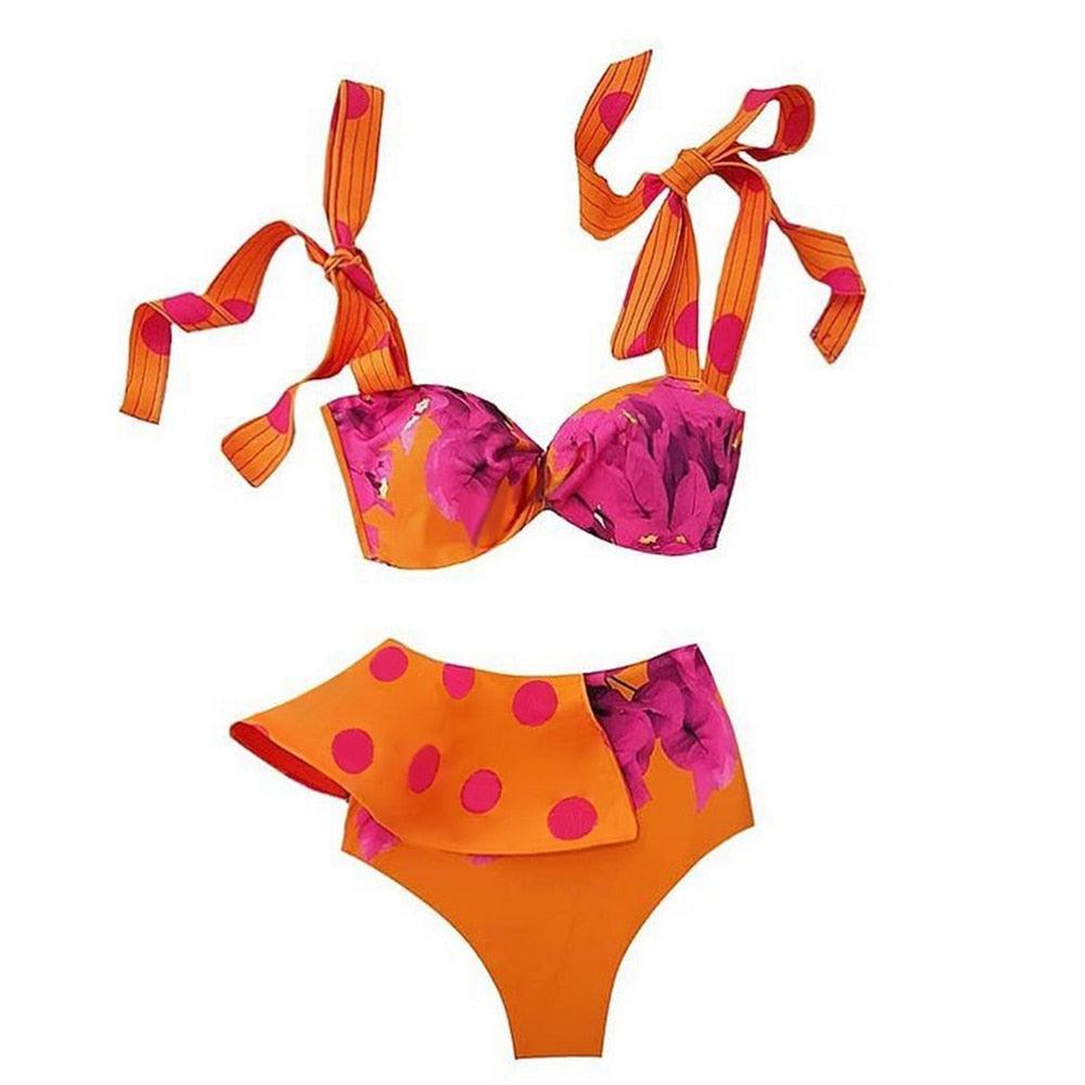 Ruffle Shoulder Floral High Waist Bikini