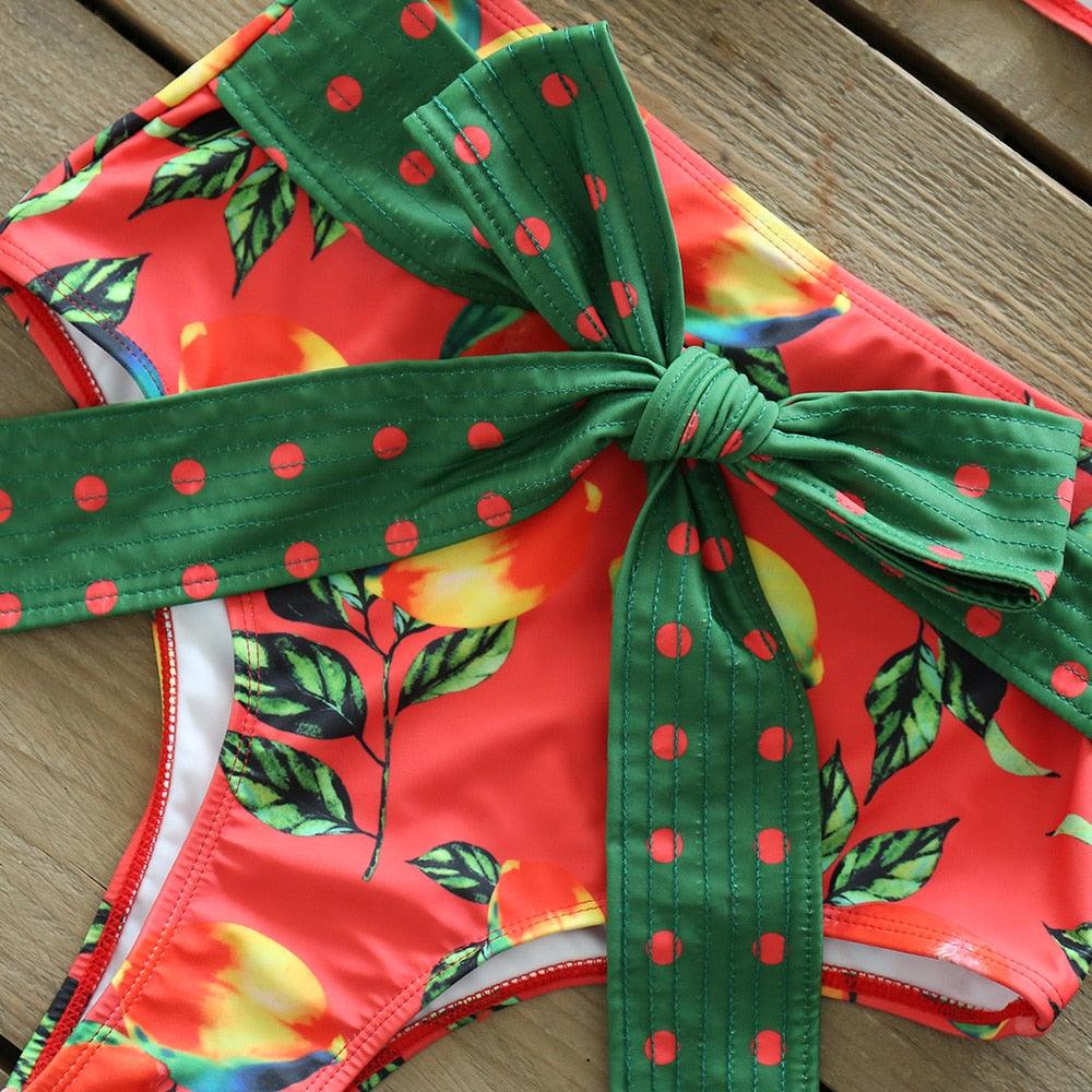 Ruffle Shoulder Floral High Waist Bikini