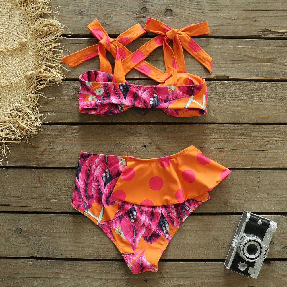Ruffle Shoulder Floral High Waist Bikini
