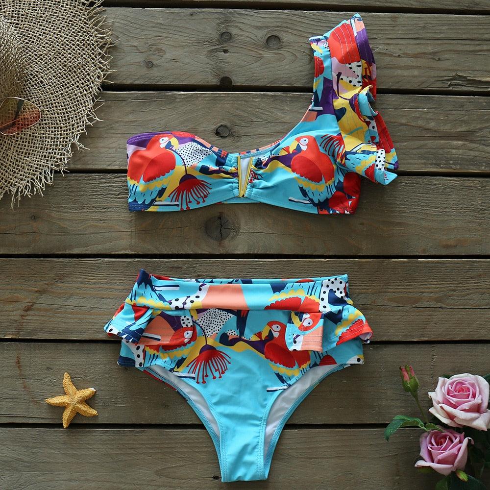 Ruffle Shoulder Floral High Waist Bikini