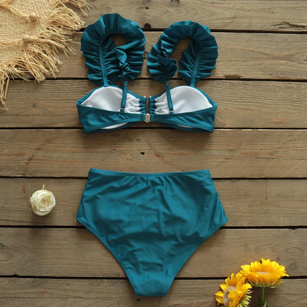 Ruffle Shoulder Floral High Waist Bikini