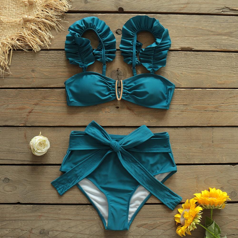Ruffle Shoulder Floral High Waist Bikini