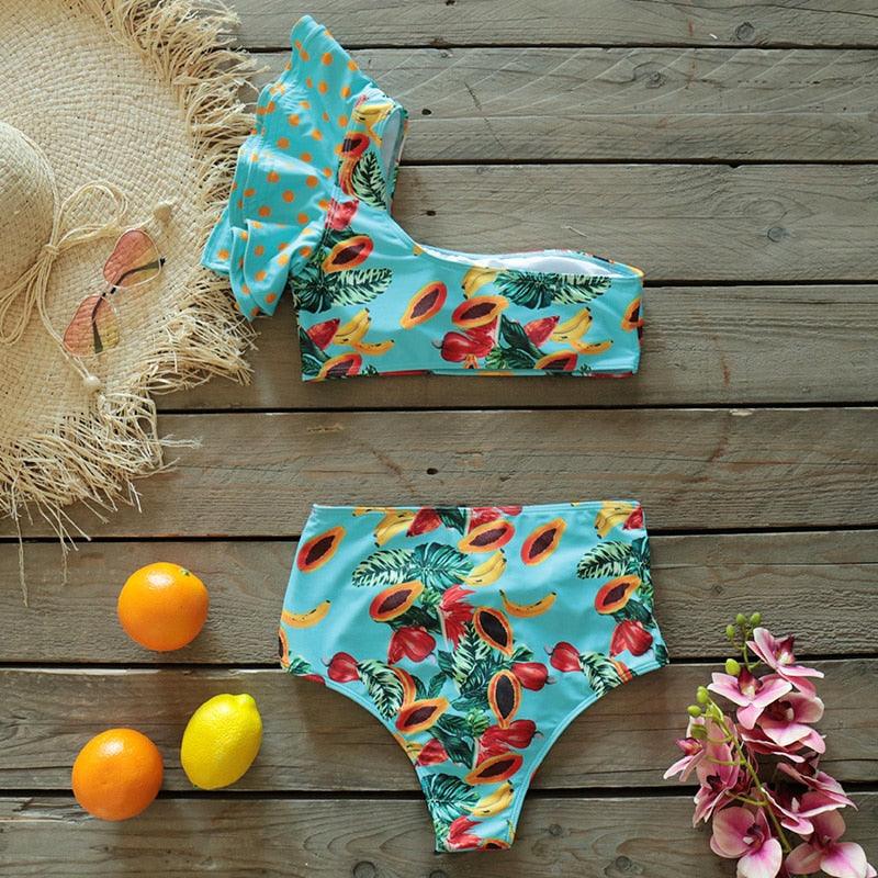 Ruffle Shoulder Floral High Waist Bikini