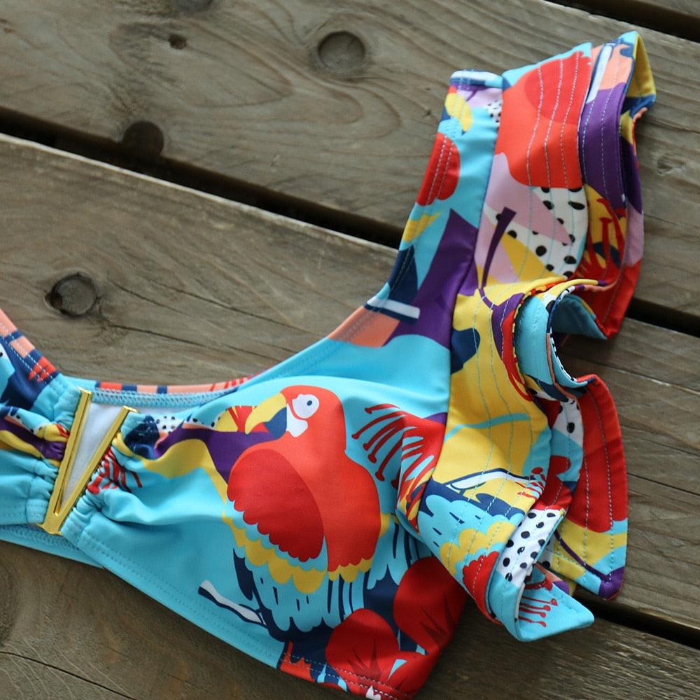 Ruffle Shoulder Floral High Waist Bikini