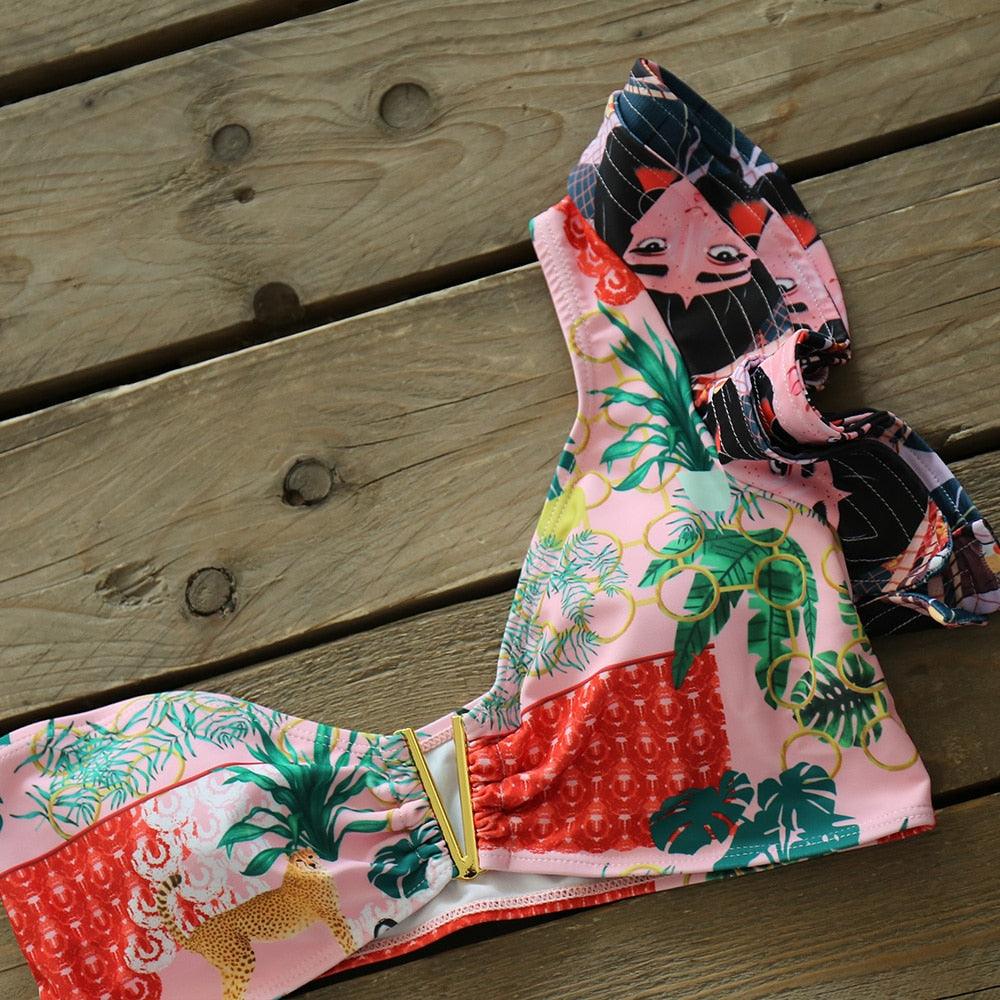 Ruffle Shoulder Floral High Waist Bikini