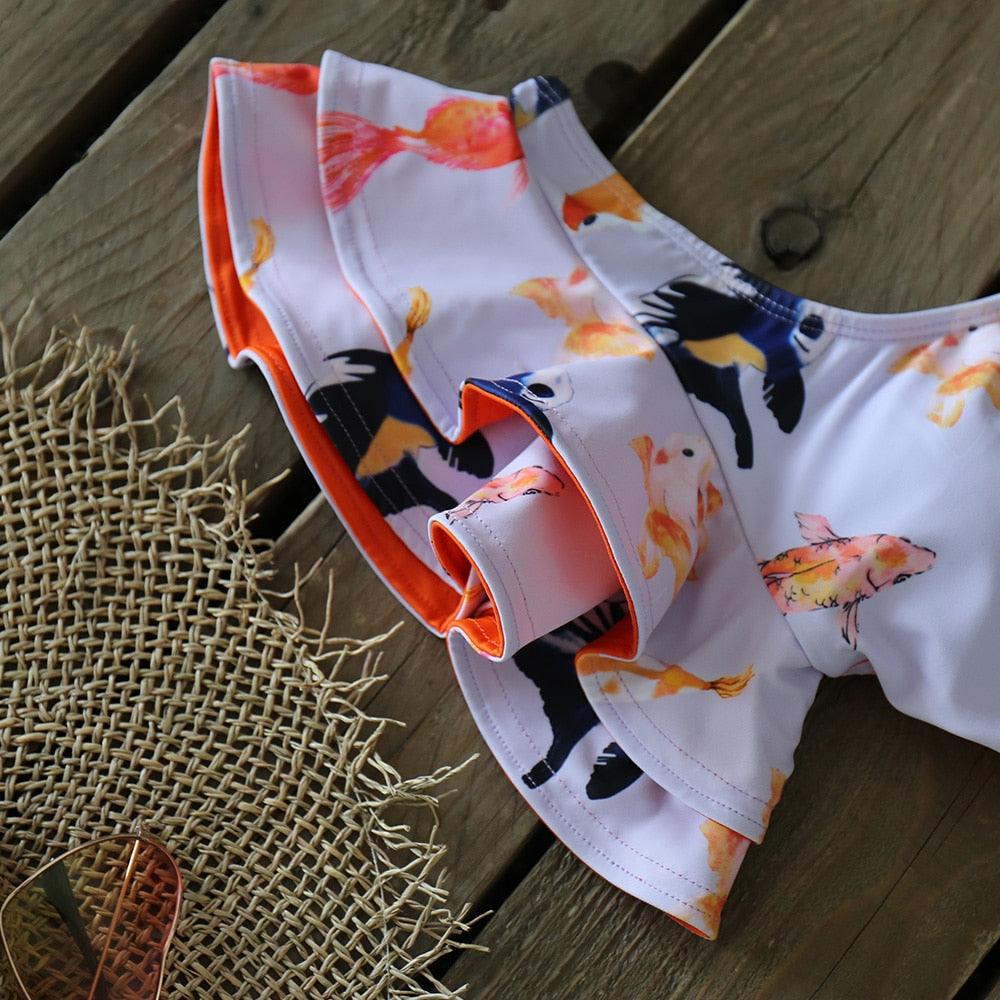 Ruffle Shoulder Floral High Waist Bikini