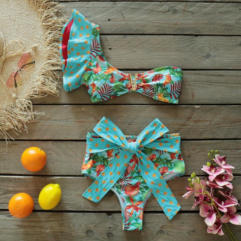 Ruffle Shoulder Floral High Waist Bikini
