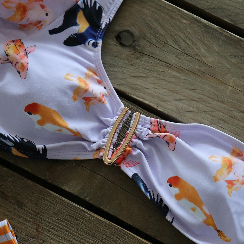 Ruffle Shoulder Floral High Waist Bikini