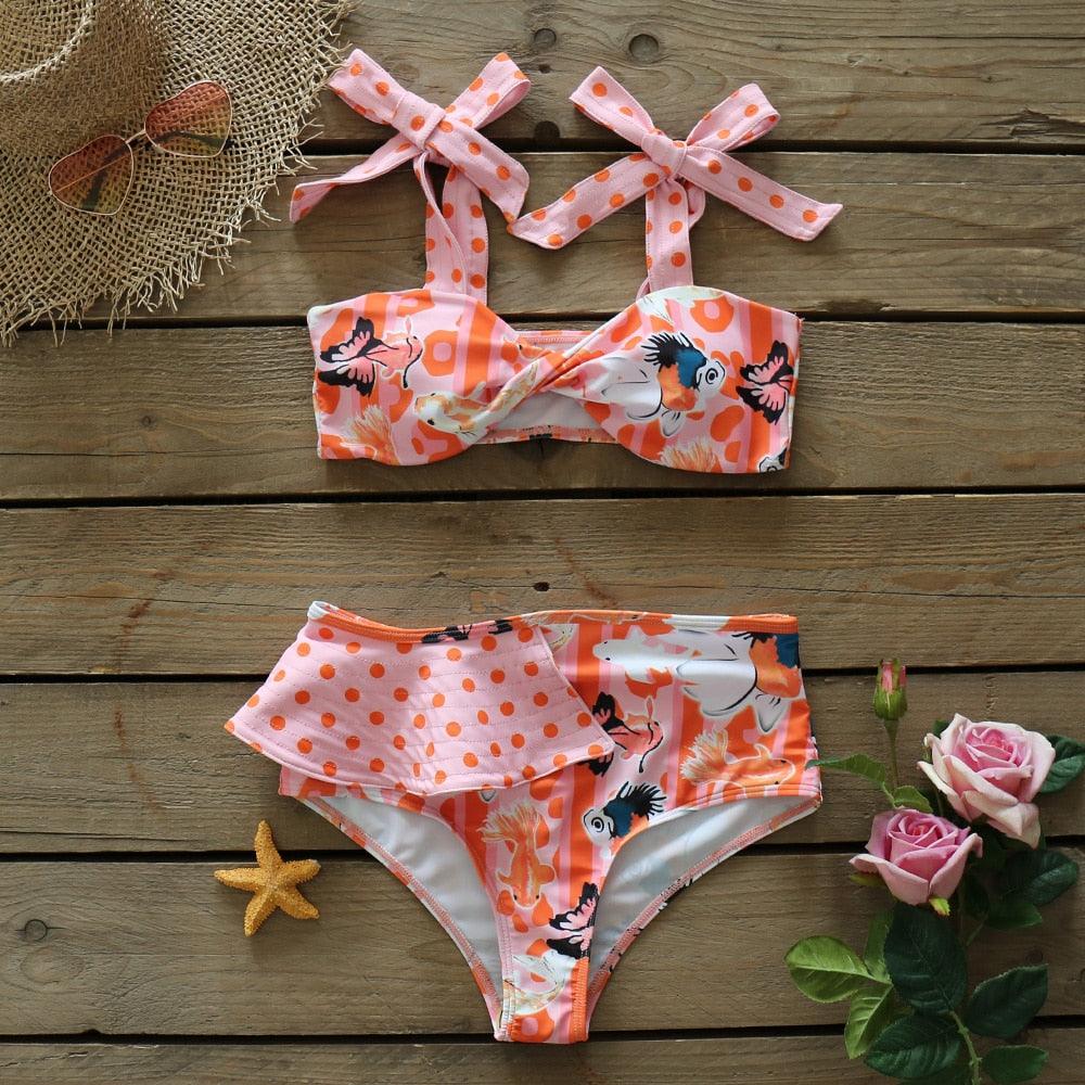 Ruffle Shoulder Floral High Waist Bikini