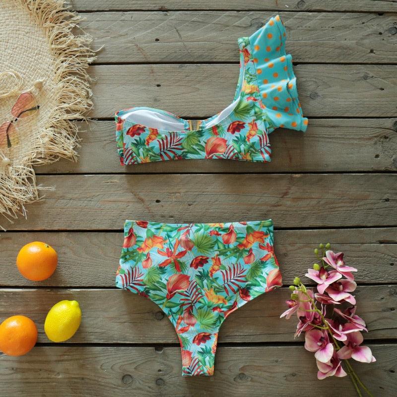 Ruffle Shoulder Floral High Waist Bikini