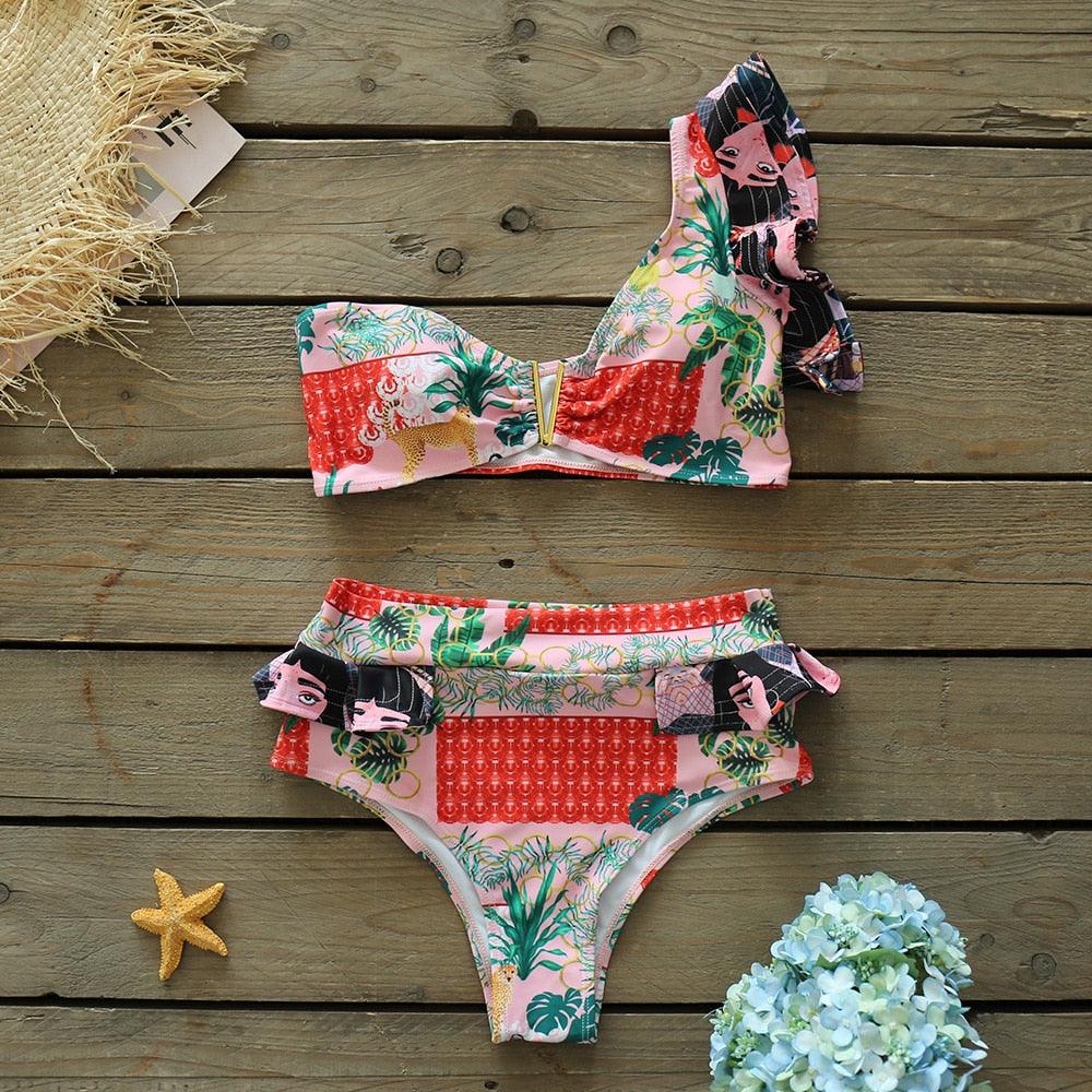 Ruffle Shoulder Floral High Waist Bikini