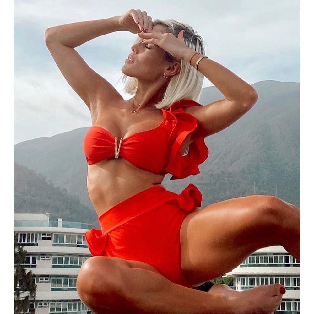 Ruffle Shoulder Floral High Waist Bikini
