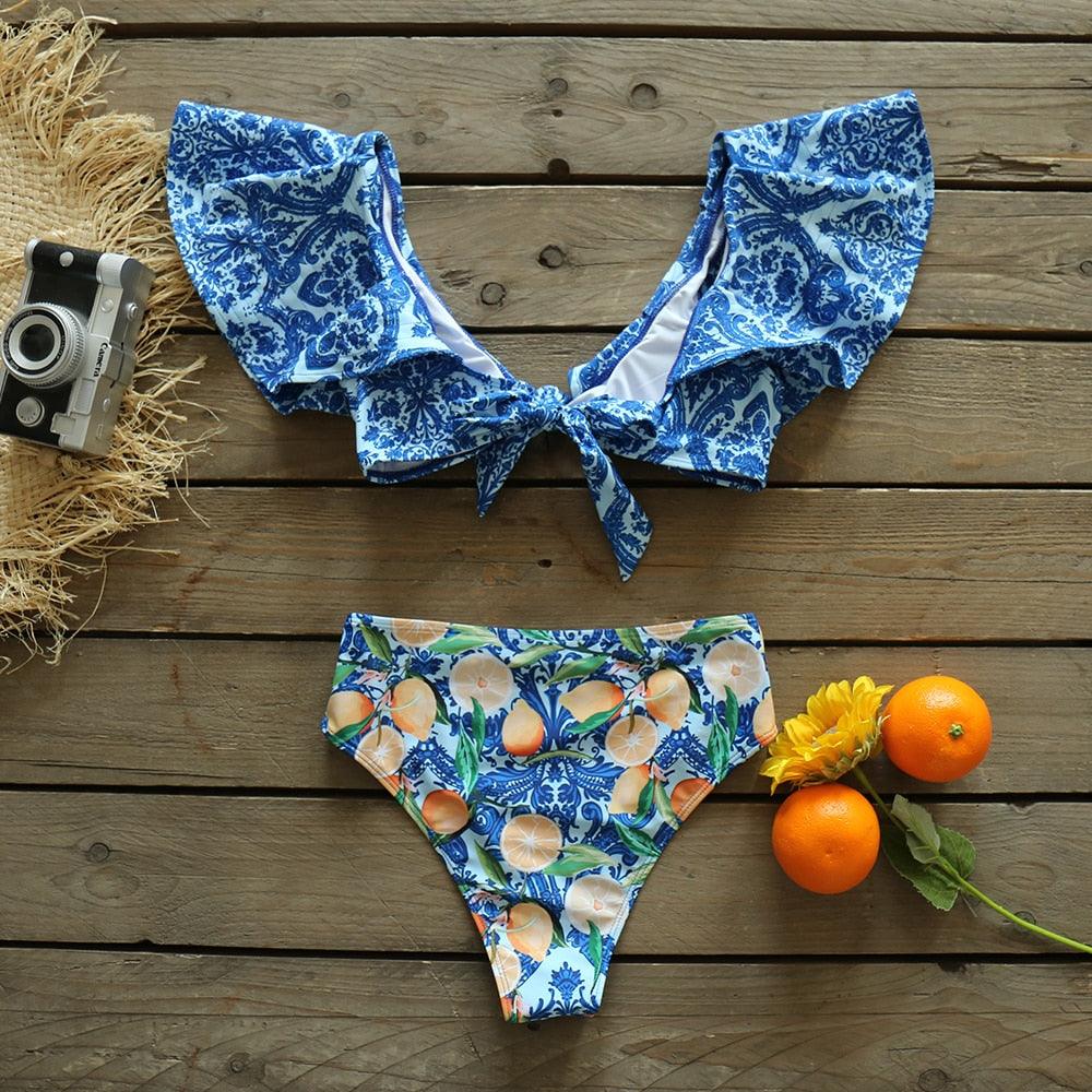 Ruffle Shoulder Floral High Waist Bikini